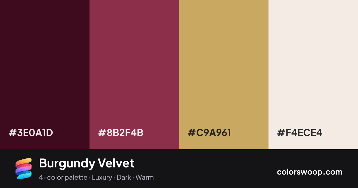 Burgundy Velvet color palette card: Espresso #3E0A1D, Brick Red #8B2F4B, Sand #C9A961, Linen #F4ECE4