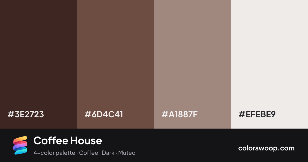 Coffee House color palette card: Espresso #3E2723, Coffee #6D4C41, Stone #A1887F, Frost #EFEBE9