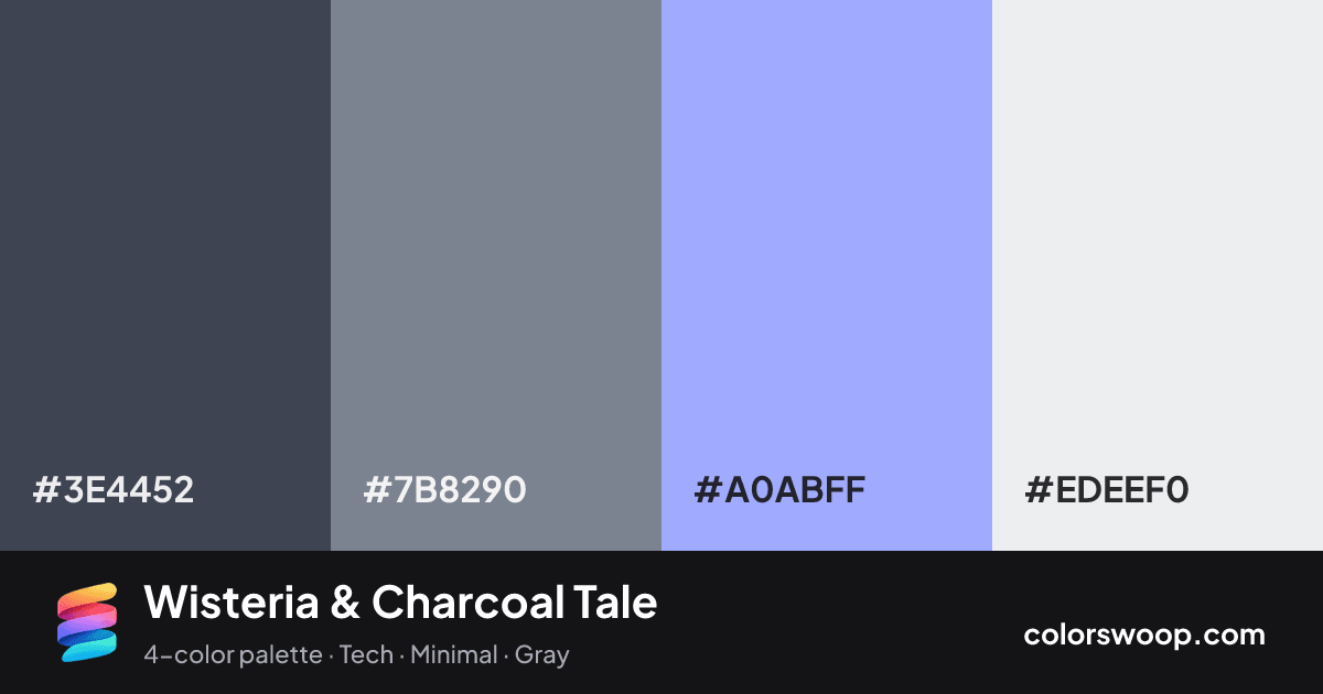 Wisteria & Charcoal Tale color palette card: Charcoal #3E4452, Slate #7B8290, Wisteria #A0ABFF, Frost #EDEEF0