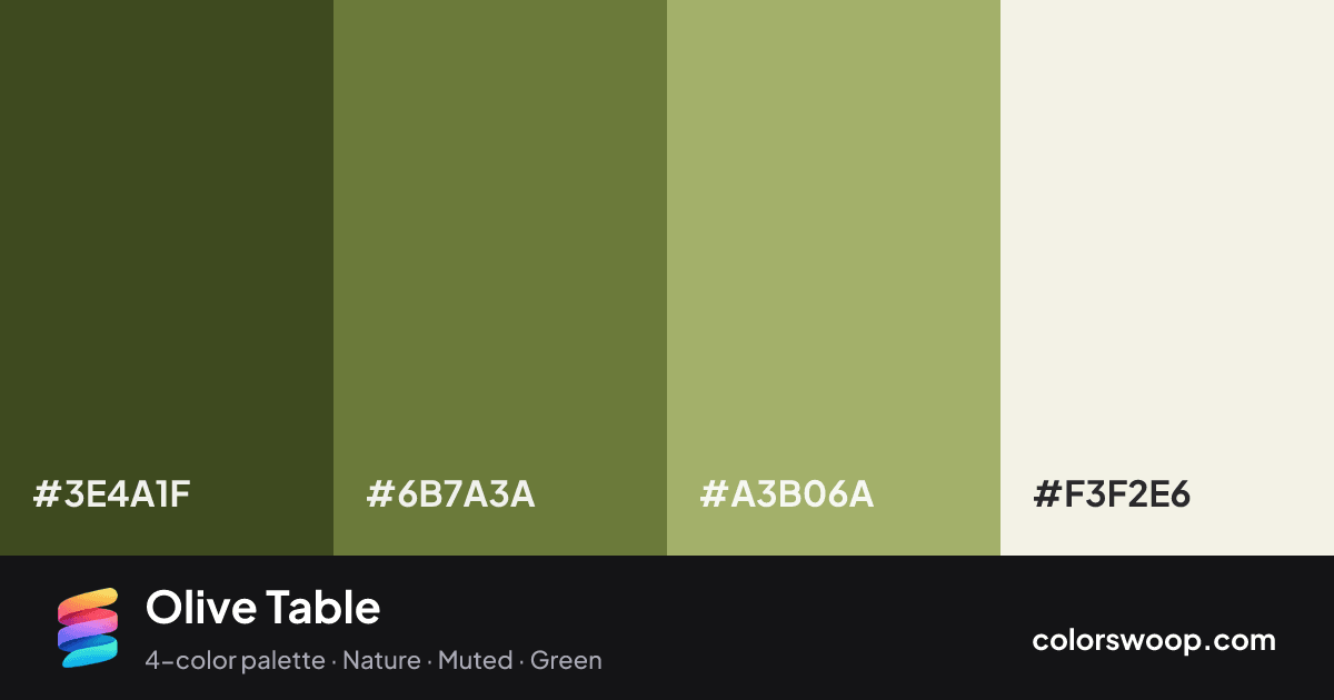 Olive Table color palette card: Evergreen #3E4A1F, Fern #6B7A3A, Sage #A3B06A, Linen #F3F2E6