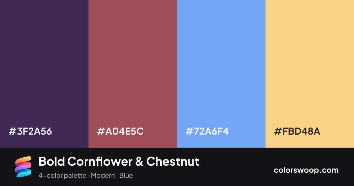 Bold Cornflower & Chestnut color palette card: Space #3F2A56, Chestnut #A04E5C, Cornflower #72A6F4, Wheat #FBD48A