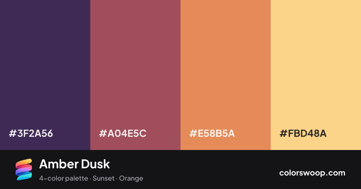 Amber Dusk color palette card: Space #3F2A56, Chestnut #A04E5C, Mandarin #E58B5A, Wheat #FBD48A