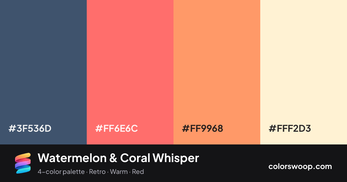 Watermelon & Coral Whisper color palette card: Dusk #3F536D, Watermelon #FF6E6C, Coral #FF9968, Buttercream #FFF2D3