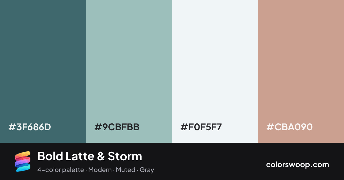 Bold Latte & Storm color palette card: Storm #3F686D, Ash #9CBFBB, Smoke #F0F5F7, Latte #CBA090