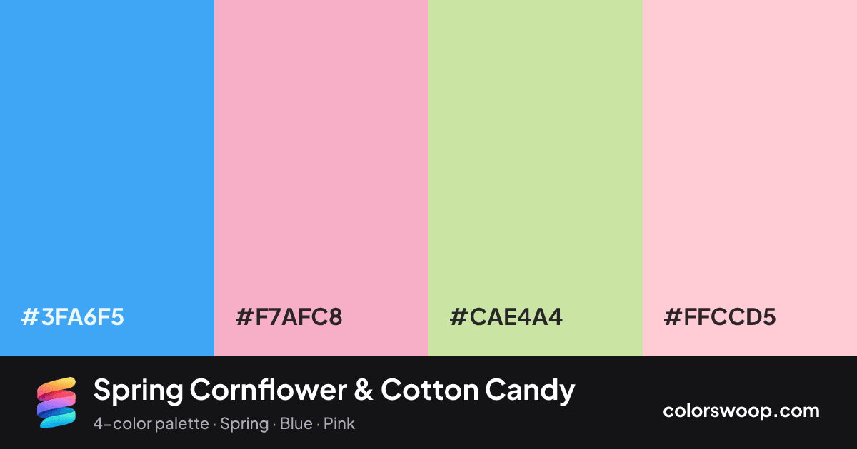 Spring Cornflower & Cotton Candy color palette card: Cornflower #3FA6F5, Cotton Candy #F7AFC8, Celadon #CAE4A4, Bubblegum #FFCCD5