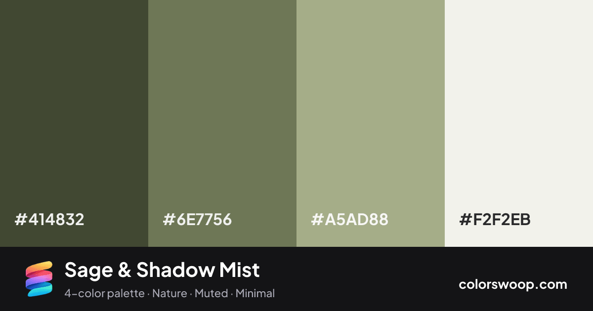 Sage & Shadow Mist color palette card: Taupe #414832, Shadow #6E7756, Sage #A5AD88, Linen #F2F2EB