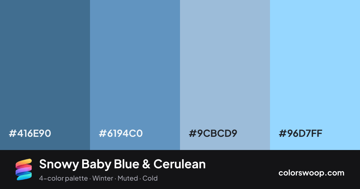 Snowy Baby Blue & Cerulean color palette card: Cerulean #416E90, Blue Gray #6194C0, Sky Blue #9CBCD9, Baby Blue #96D7FF