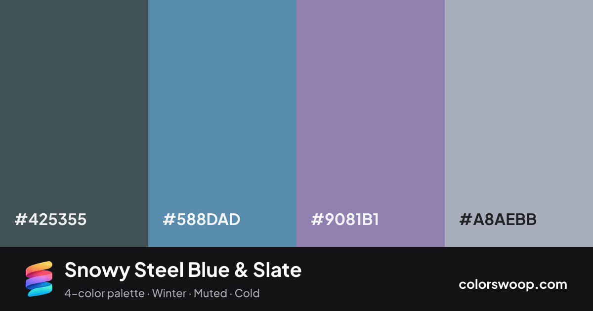 Snowy Steel Blue & Slate color palette card: Graphite #425355, Steel Blue #588DAD, Slate #9081B1, Heather #A8AEBB