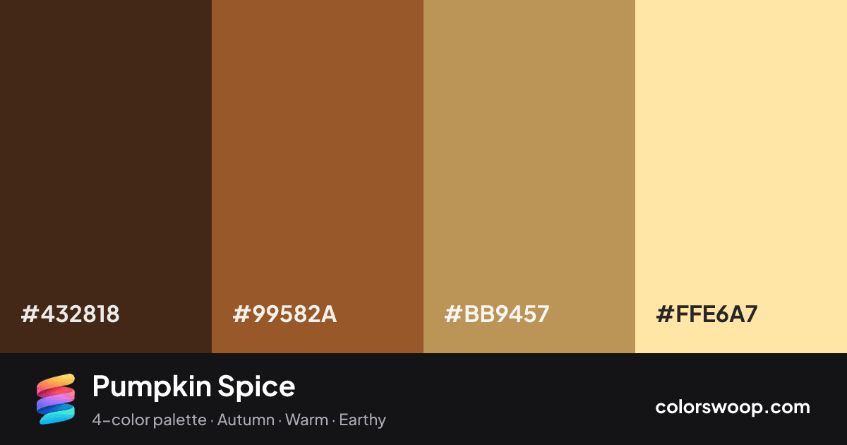 Pumpkin Spice color palette card: Espresso #432818, Sienna #99582A, Hazelnut #BB9457, Peach #FFE6A7