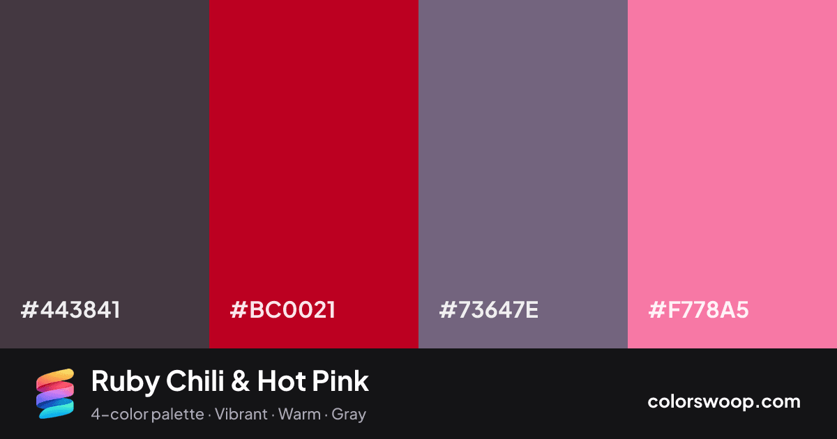 Ruby Chili & Hot Pink color palette card: Iron #443841, Chili #BC0021, Dove Gray #73647E, Hot Pink #F778A5
