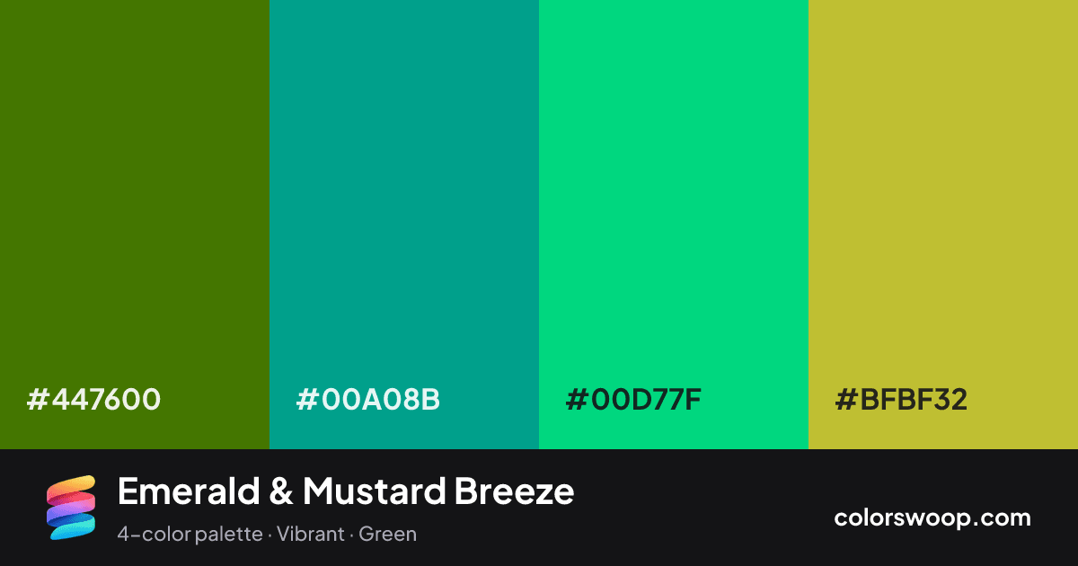 Emerald & Mustard Breeze color palette card: Avocado #447600, Jade #00A08B, Emerald #00D77F, Mustard #BFBF32