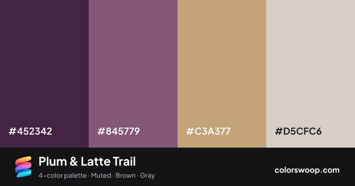 Plum & Latte Trail color palette card: Jet #452342, Plum #845779, Latte #C3A377, Fog #D5CFC6