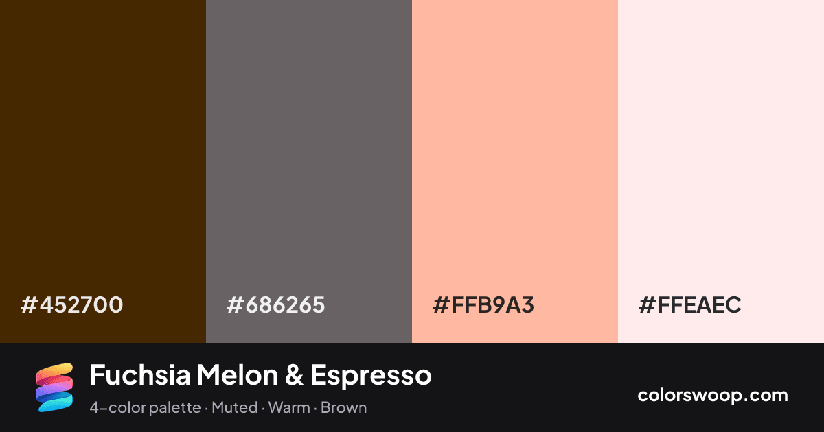 Fuchsia Melon & Espresso color palette card: Espresso #452700, Dove Gray #686265, Melon #FFB9A3, Linen #FFEAEC