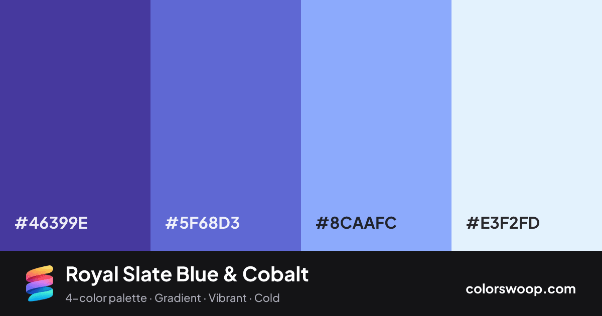 Royal Slate Blue & Cobalt color palette card: Cobalt #46399E, Slate Blue #5F68D3, Cornflower #8CAAFC, Frost #E3F2FD