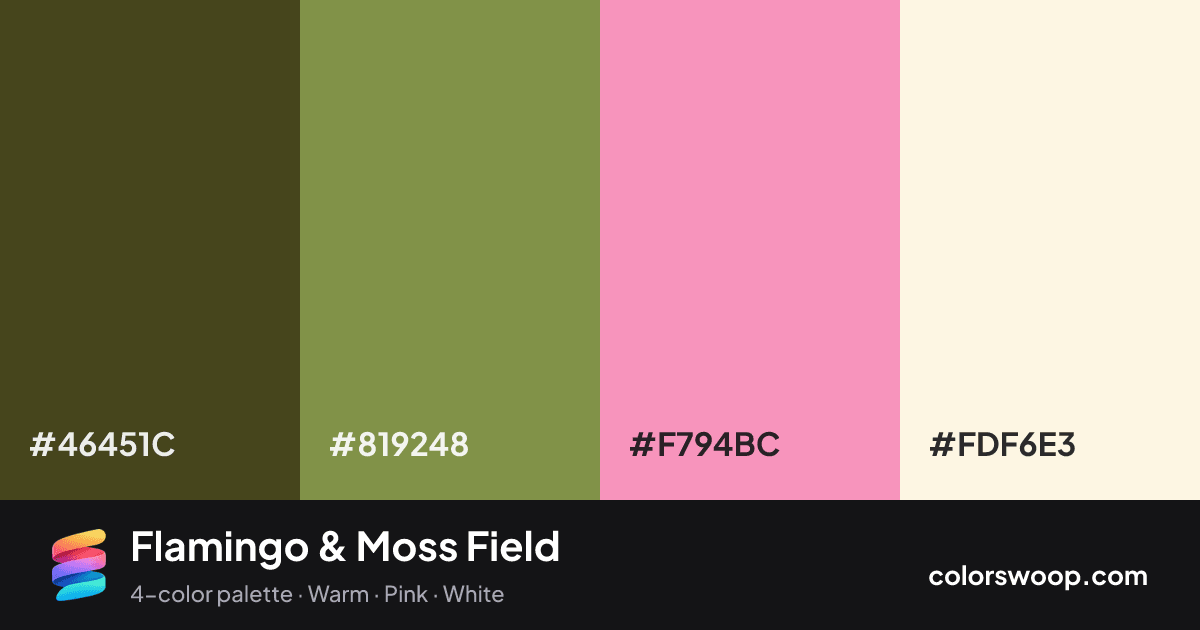Flamingo & Moss Field color palette card: Taupe #46451C, Moss #819248, Flamingo #F794BC, Beige #FDF6E3