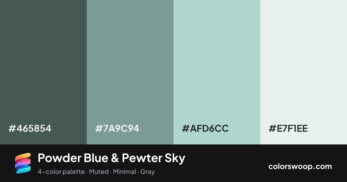 Powder Blue & Pewter Sky color palette card: Juniper #465854, Pewter #7A9C94, Powder Blue #AFD6CC, Frost #E7F1EE