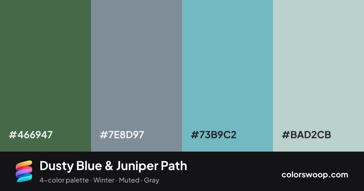 Dusty Blue & Juniper Path color palette card: Juniper #466947, Stone #7E8D97, Dusty Blue #73B9C2, Fog #BAD2CB