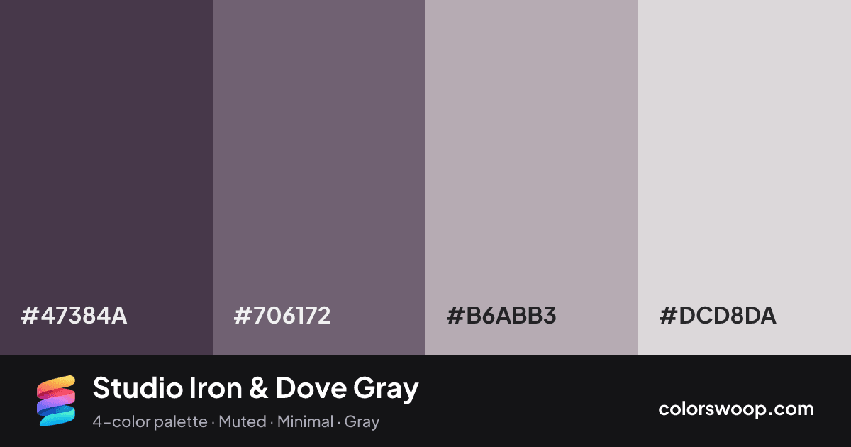Studio Iron & Dove Gray color palette card: Iron #47384A, Dove Gray #706172, Heather #B6ABB3, Fog #DCD8DA