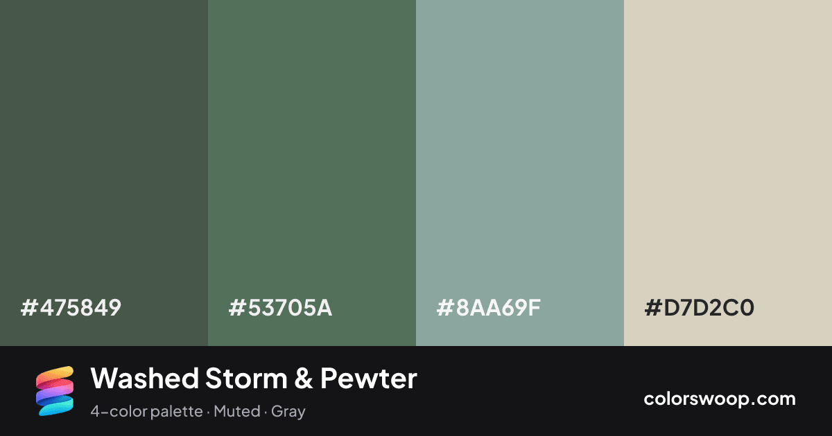 Washed Storm & Pewter color palette card: Juniper #475849, Storm #53705A, Pewter #8AA69F, Oat #D7D2C0