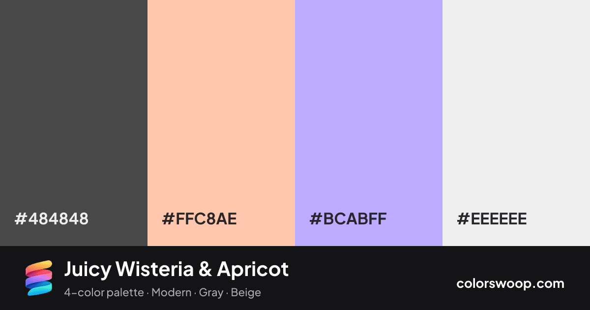 Juicy Wisteria & Apricot color palette card: Graphite #484848, Apricot #FFC8AE, Wisteria #BCABFF, Frost #EEEEEE