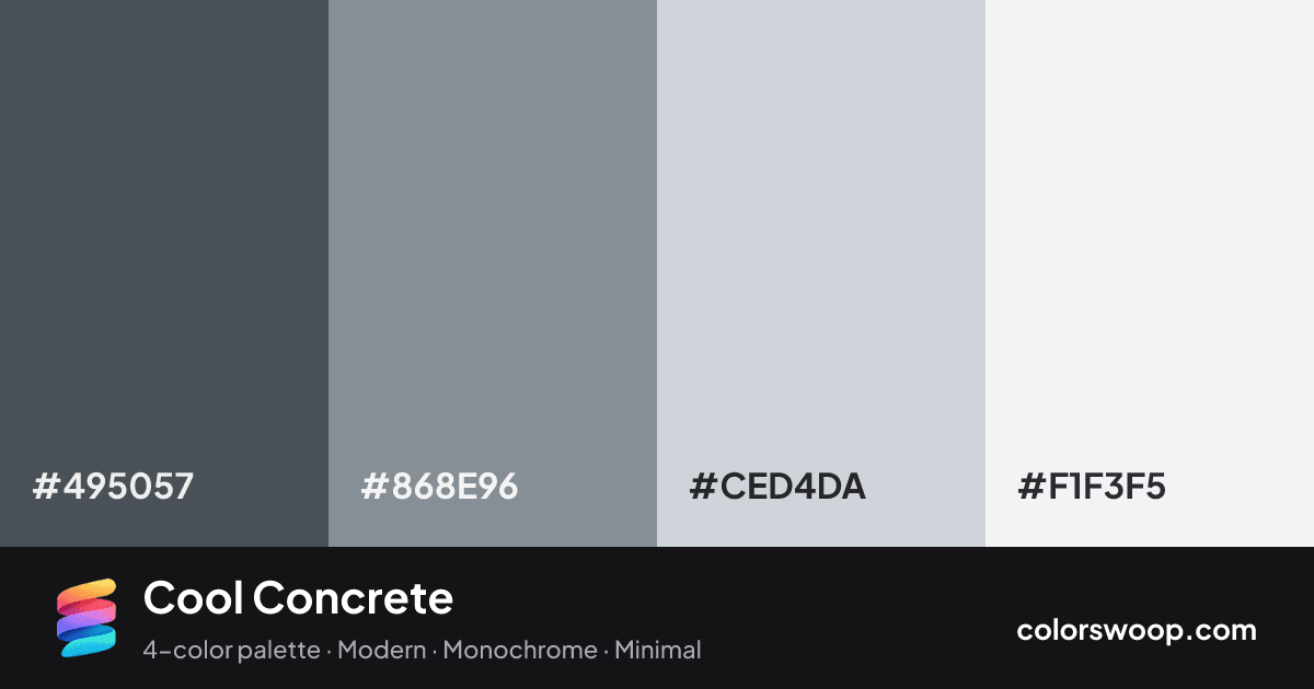 Cool Concrete color palette card: Graphite #495057, Stone #868E96, Fog #CED4DA, Smoke #F1F3F5