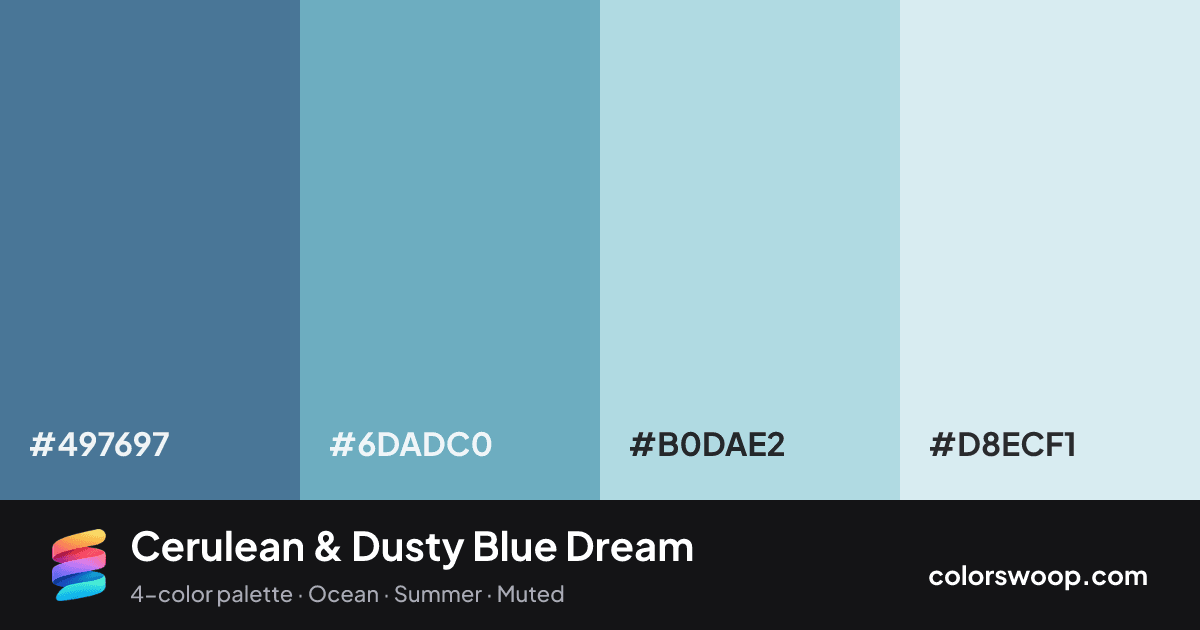 Cerulean & Dusty Blue Dream color palette card: Cerulean #497697, Dusty Blue #6DADC0, Powder Blue #B0DAE2, Ice #D8ECF1