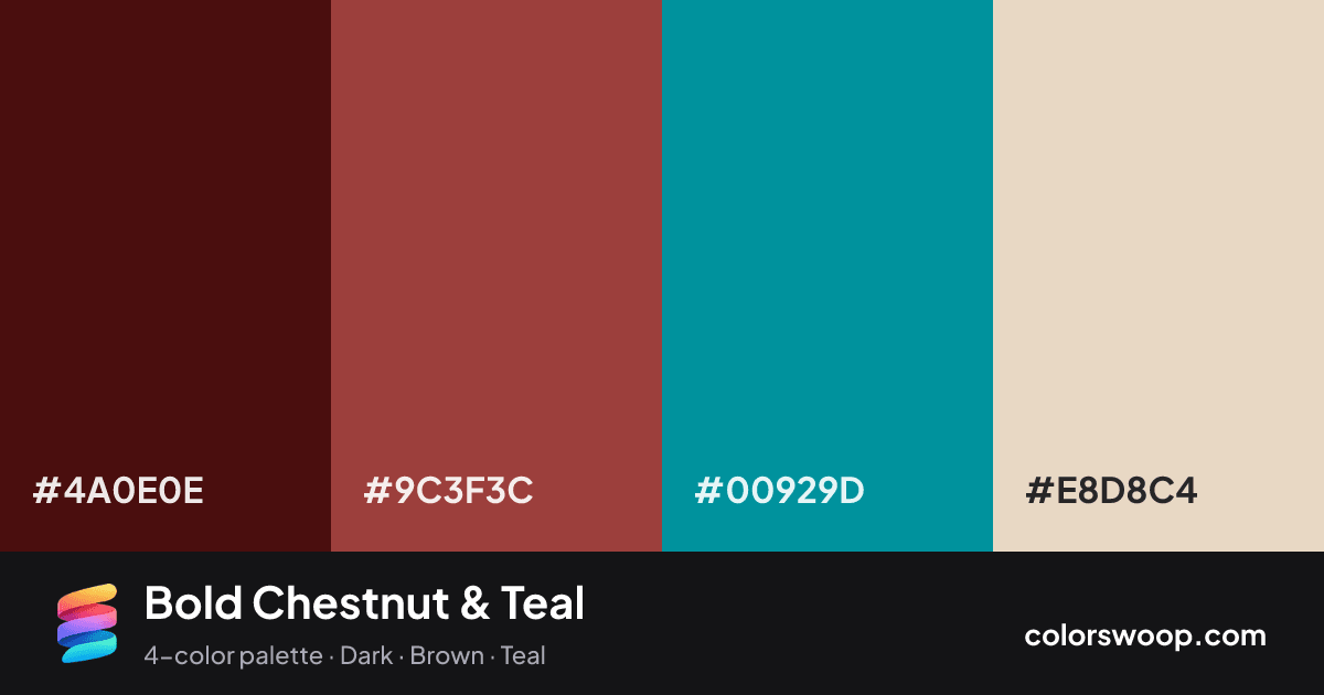 Bold Chestnut & Teal color palette card: Espresso #4A0E0E, Chestnut #9C3F3C, Teal #00929D, Bone #E8D8C4