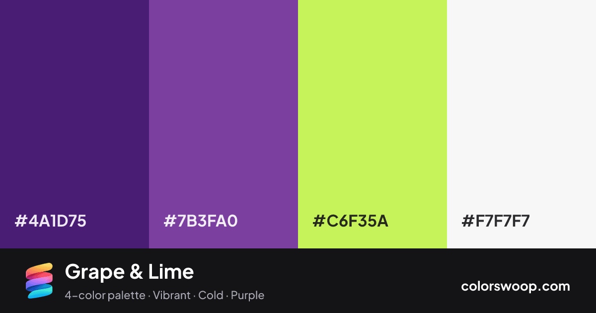 Grape & Lime color palette card: Indigo #4A1D75, Grape #7B3FA0, Pear #C6F35A, Smoke #F7F7F7