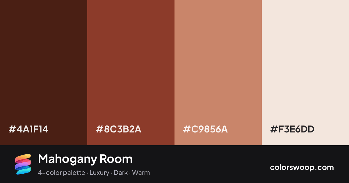 Mahogany Room color palette card: Espresso #4A1F14, Brick Red #8C3B2A, Hazelnut #C9856A, Eggshell #F3E6DD