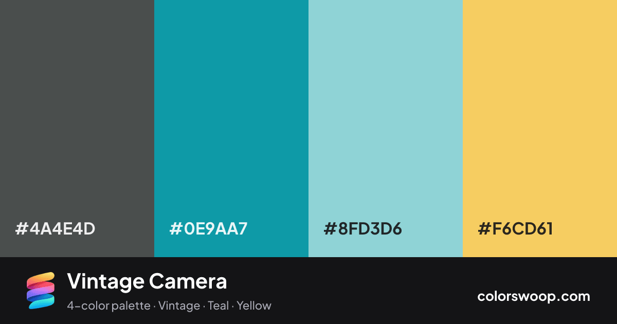 Vintage Camera color palette card: Graphite #4A4E4D, Cadet #0E9AA7, Sky Blue #8FD3D6, Saffron #F6CD61