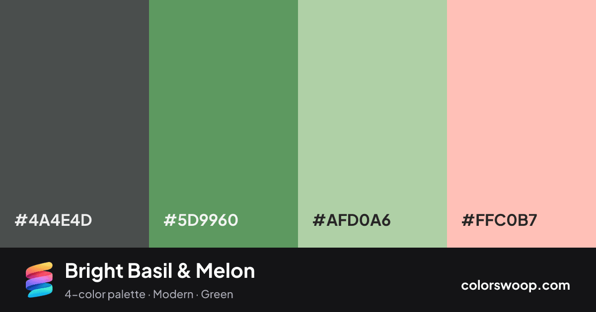 Bright Basil & Melon color palette card: Graphite #4A4E4D, Basil #5D9960, Celadon #AFD0A6, Melon #FFC0B7