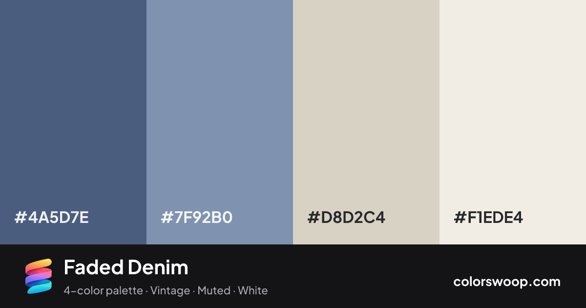 Faded Denim color palette card: Dusk #4A5D7E, Blue Gray #7F92B0, Fog #D8D2C4, Linen #F1EDE4