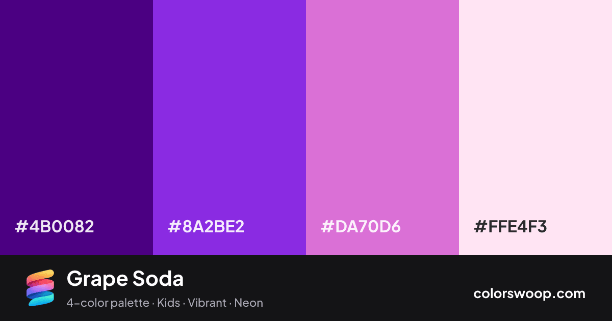 Grape Soda color palette card: Indigo #4B0082, Violet #8A2BE2, Orchid #DA70D6, Petal #FFE4F3