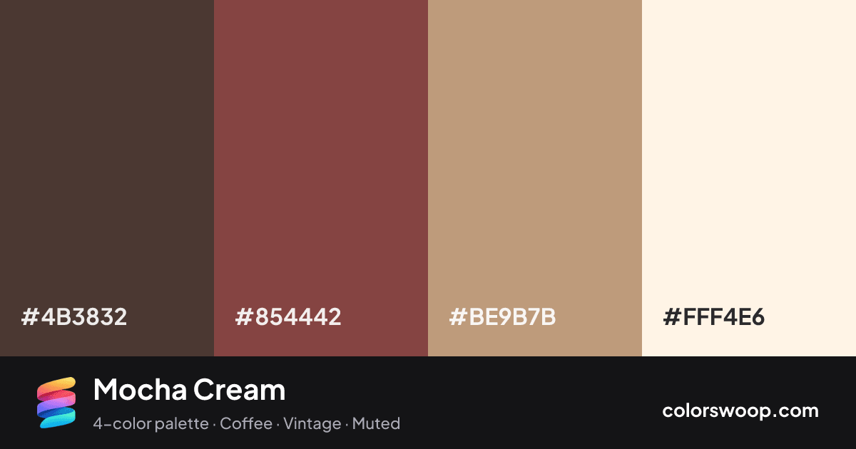 Mocha Cream color palette card: Taupe #4B3832, Brick Red #854442, Camel #BE9B7B, Linen #FFF4E6