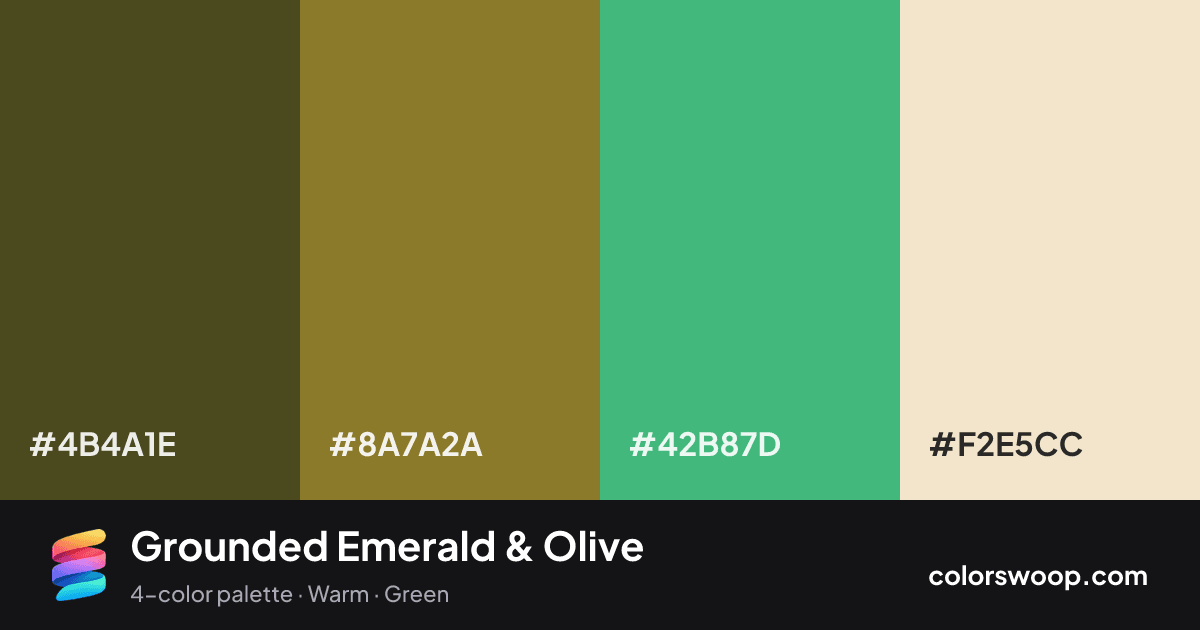 Grounded Emerald & Olive color palette card: Walnut #4B4A1E, Olive #8A7A2A, Emerald #42B87D, Champagne #F2E5CC
