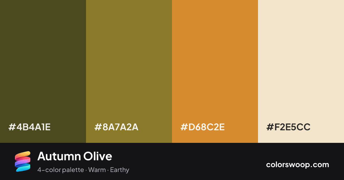 Autumn Olive color palette card: Walnut #4B4A1E, Olive #8A7A2A, Caramel #D68C2E, Champagne #F2E5CC