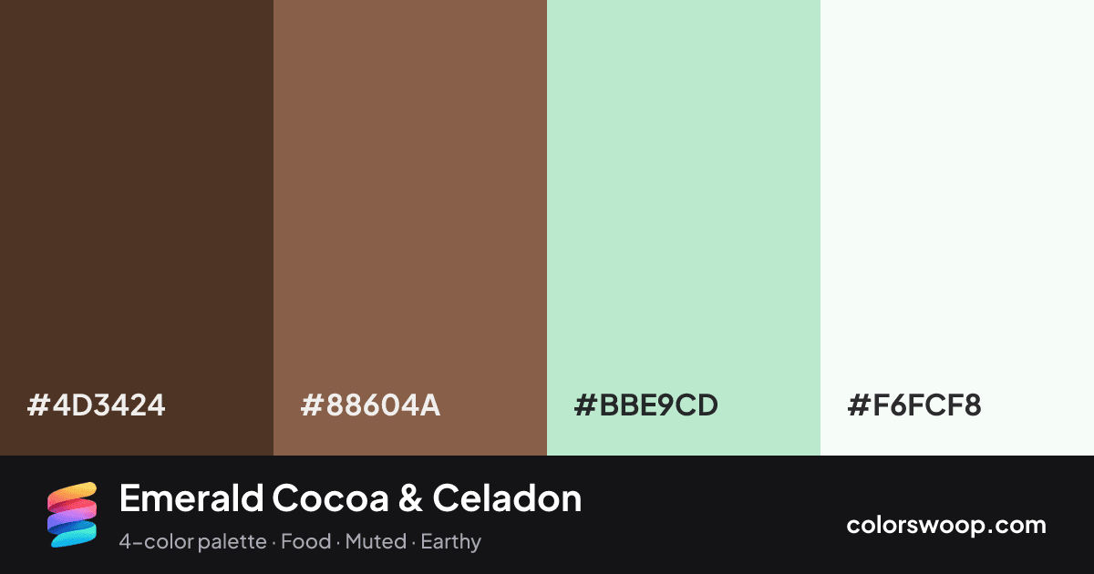 Emerald Cocoa & Celadon color palette card: Taupe #4D3424, Cocoa #88604A, Celadon #BBE9CD, Snow #F6FCF8