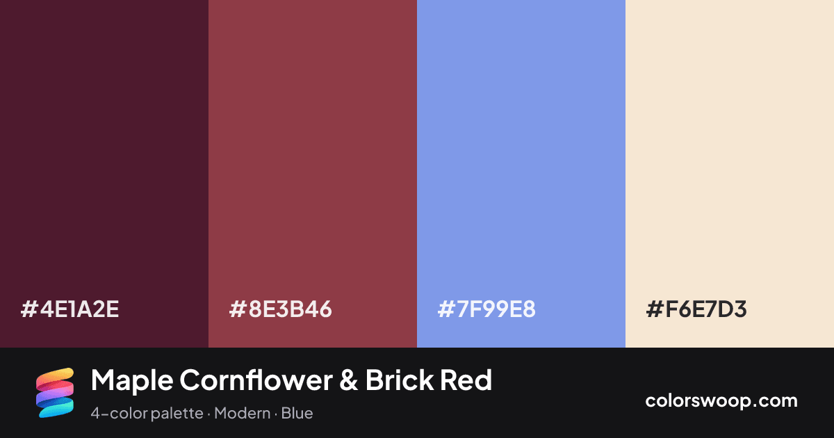 Maple Cornflower & Brick Red color palette card: Espresso #4E1A2E, Brick Red #8E3B46, Cornflower #7F99E8, Champagne #F6E7D3