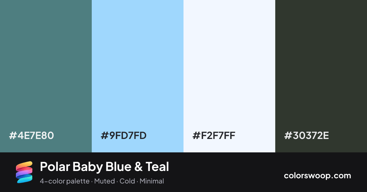 Polar Baby Blue & Teal color palette card: Teal #4E7E80, Baby Blue #9FD7FD, Smoke #F2F7FF, Jet #30372E
