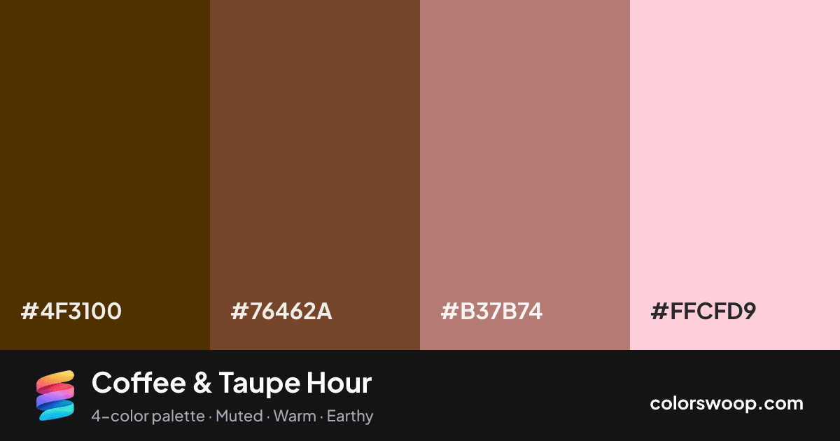 Coffee & Taupe Hour color palette card: Taupe #4F3100, Coffee #76462A, Clay #B37B74, Ballet #FFCFD9