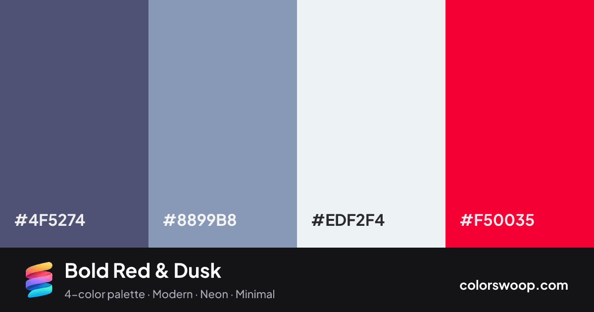 Bold Red & Dusk color palette card: Dusk #4F5274, Dusty Blue #8899B8, Frost #EDF2F4, Red #F50035