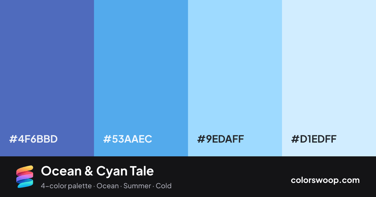 Ocean & Cyan Tale color palette card: Ocean #4F6BBD, Cyan #53AAEC, Baby Blue #9EDAFF, Ice #D1EDFF