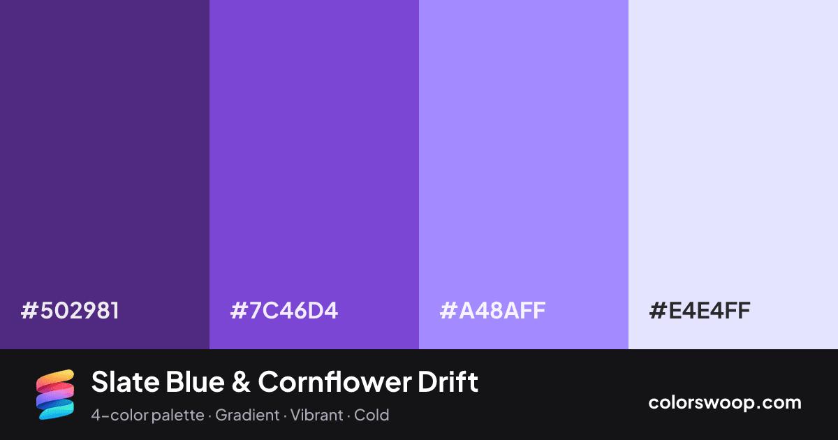 Slate Blue & Cornflower Drift color palette card: Indigo #502981, Slate Blue #7C46D4, Cornflower #A48AFF, Lavender #E4E4FF