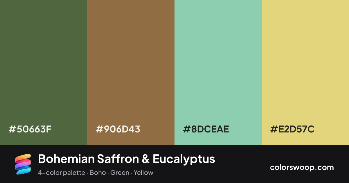 Bohemian Saffron & Eucalyptus color palette card: Juniper #50663F, Shadow #906D43, Eucalyptus #8DCEAE, Saffron #E2D57C