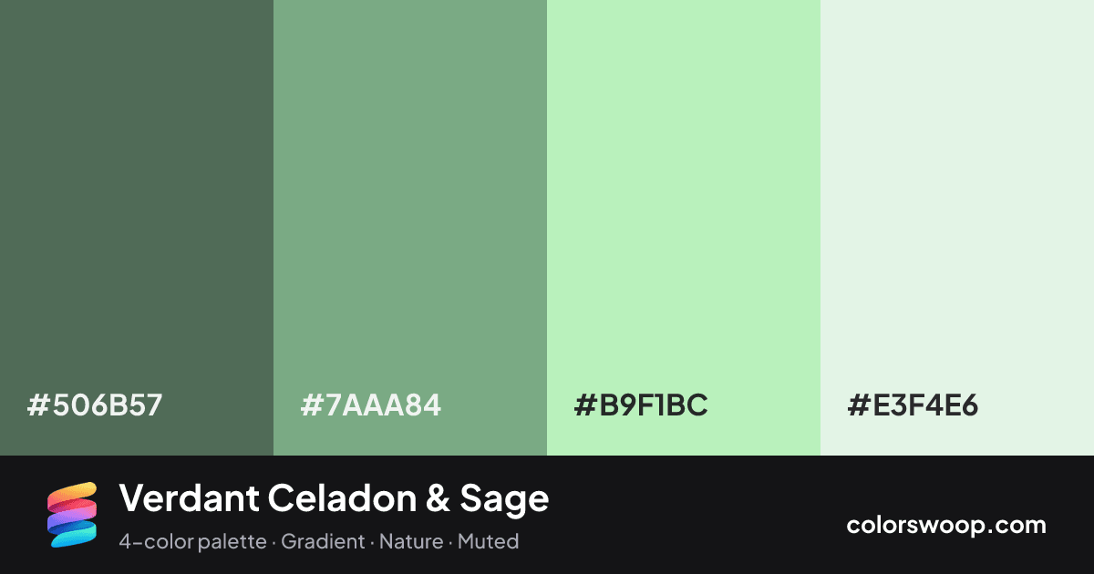 Verdant Celadon & Sage color palette card: Storm #506B57, Sage #7AAA84, Celadon #B9F1BC, Beige #E3F4E6