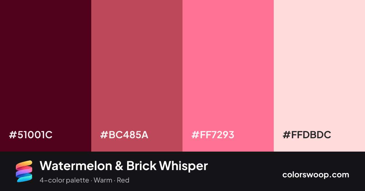 Watermelon & Brick Whisper color palette card: Rosewood #51001C, Brick #BC485A, Watermelon #FF7293, Petal #FFDBDC