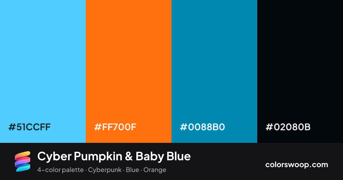 Cyber Pumpkin & Baby Blue color palette card: Baby Blue #51CCFF, Pumpkin #FF700F, Steel Blue #0088B0, Obsidian #02080B