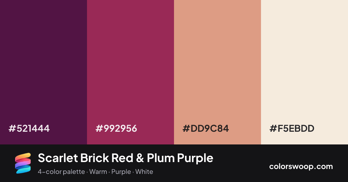 Scarlet Brick Red & Plum Purple color palette card: Plum Purple #521444, Brick Red #992956, Latte #DD9C84, Eggshell #F5EBDD