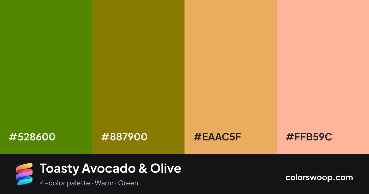 Toasty Avocado & Olive color palette card: Avocado #528600, Olive #887900, Marigold #EAAC5F, Melon #FFB59C