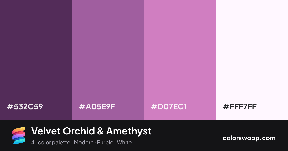 Velvet Orchid & Amethyst color palette card: Plum Purple #532C59, Amethyst #A05E9F, Orchid #D07EC1, Snow #FFF7FF
